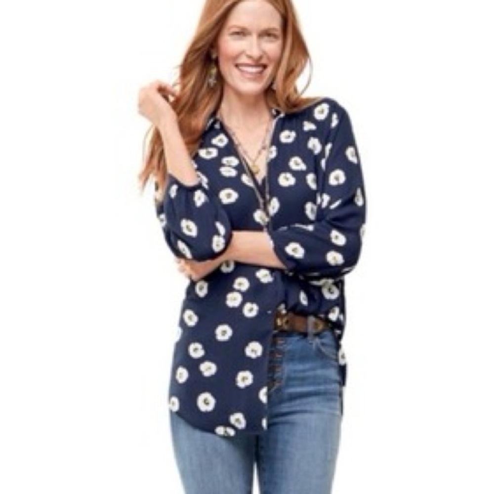 CAbi Top Medium Go To Button Shirt Top Daisy Floral Blue Lightweight Navy